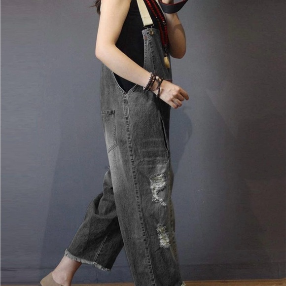 YESNO Women’s Loose Cropped Denim Distressed Grey/Black Overalls (XL) / 14-16 - Picture 7 of 7